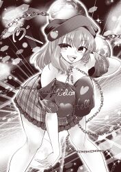  0-den 1girl :d absurdres bare_shoulders breasts chain clothes_writing emphasis_lines feet_out_of_frame frilled_skirt frills greyscale heart hecatia_lapislazuli highres large_breasts leaning_forward looking_at_viewer medium_hair monochrome off_shoulder open_mouth plaid_clothes plaid_skirt skirt smile solo touhou 