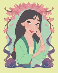  1girl asian black_hair brown_eyes chinese_clothes dress fa_mulan_(disney) green_hanfu hanfu highres long_hair looking_at_viewer makeup mulan_(movie) ri_ri_ri2 short_hair simple_background solo toon_(style) 