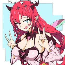  1girl blue_eyes blush djangobott double_v hands_up heterochromia hololive hololive_english horns irys_(hololive) long_hair looking_at_viewer pointy_ears red_hair solo v virtual_youtuber 