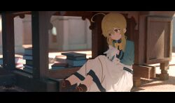  1girl ahoge aisu_(aicetkr) aqua_jacket averting_eyes blush book book_stack boots brown_boots brown_eyes brown_hair closed_mouth eyebrows_hidden_by_hair fidgeting flat_chest from_side gloves hair_between_eyes hiding highres jacket knee_up medium_hair monica_everett silent_witch sitting skirt solo under_table white_gloves white_skirt 