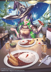  1girl bandages bandages_over_eyes bare_shoulders belt black_hat blindfold blue_hair blush brown_belt brown_dress chair chili_pepper colored_inner_hair copyright_notice covered_eyes cup curry curry_rice dress drinking_glass drooling food frilled_dress frills gloria_(z/x) green_hair hair_between_eyes hat hat_ornament highres holding holding_spoon indoors konatsu_hare long_hair multicolored_hair official_art on_chair open_mouth plant potted_plant restaurant rice salad shrimp shrimp_tempura solo sparkle spoon tabasco table tempura upper_body witch_hat z/x 