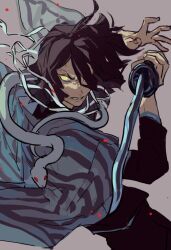  1boy black_hair black_jacket black_pants chaerenlover clenched_teeth demon_slayer_uniform furrowed_brow grey_background hair_between_eyes hair_over_one_eye holding holding_sword holding_weapon iguro_obanai jacket kaburamaru kimetsu_no_yaiba loose_bandages male_focus medium_hair pants parted_lips red_eyes snake striped_haori sword teeth weapon yellow_eyes 