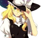  adjusting_hat blonde_hair blue_eyes bow braid bust buttons ebira green_eyes hand_on_hat hat hat_tip kirisame_marisa light_smile lips smile solo touhou touhou_project_1000_users 