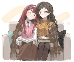  2girls blanket blush book brown_eyes brown_hair brown_pantyhose brown_skirt closed_eyes couch hairband hano9789 highres holding holding_book idolmaster idolmaster_million_live! kitazawa_shiho light_smile long_hair long_sleeves looking_at_another multiple_girls on_couch open_book pantyhose parted_lips pink_sweater_vest red_eyes side-by-side sitting skirt sleeping sweater sweater_vest tanaka_kotoha white_hairband yellow_sweater yuri 