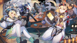 >_< 2boys 5girls aether_(genshin_impact) aino_(genshin_impact) antlers artist_request black_gloves blonde_hair blue_hair closed_mouth drill_hair flins_(genshin_impact) genshin_impact gloves goggles goggles_on_head hair_between_eyes highres horns ineffa_(genshin_impact) jacket lauma_(genshin_impact) long_hair long_sleeves lumine_(genshin_impact) multicolored_jacket multiple_boys multiple_girls open_mouth paimon_(genshin_impact) pink_hair selenoring twin_drills upper_body white_hair yellow_eyes