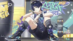  1boy aqua_necktie aqua_trim arm_on_knee beret bike_shorts black_hair black_hat black_shoes black_shorts blunt_ends closed_mouth coffee collared_shirt contemporary cross-laced_shoes cup disposable_cup drinking_straw drum_(container) eyeliner eyeshadow feet fingernails foot_focus genshin_impact graffiti grey_socks grey_sweater_vest hat highres iced_coffee kaeclle layered_shorts looking_at_viewer makeup male_focus necktie official_alternate_costume outdoors purple_trim red_eyeliner red_eyeshadow scaramouche_(genshin_impact) school_uniform shirt shoes short_sleeves shorts sitting skateboard smile sneakers socks solo sweater_vest tsurime violet_eyes wanderer_(genshin_impact) wanderer_(mega_mgc_coffee)_(genshin_impact) white_shirt white_sleeves white_trim white_wrist_cuffs wispy_bangs wrist_cuffs wristband 