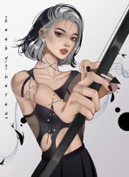  1girl abstract abstract_background arm_tattoo arrow_(projectile) artist_name asian black_eyes black_hair black_nails black_shirt black_skirt bow_(weapon) brown_lips circle closed_mouth clothing_cutout collarbone colored_inner_hair cowboy_shot ear_piercing earrings eyelashes eyeshadow fashion finger_tattoo fish_background forehead gradient_background grey_background grey_hair highres holding holding_bow_(weapon) holding_weapon jewelry makeup mei_(zeebythesea) mole mole_on_arm mole_on_cheek mole_on_collarbone mole_on_forehead mole_on_neck mole_on_nose mole_on_stomach multicolored_hair nail_polish orange_eyeshadow original pearl_earrings piercing pleated_skirt see-through_clothes see-through_shirt shirt short_hair side_cutout single_sidelock skirt stomach_cutout tattoo thick_eyebrows thick_lips tight_clothes tight_shirt weapon white_background zeebythesea 