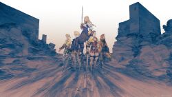  4boys agrias_oaks armor beard blonde_hair brown_hair cidolfus_orlandeau cloak delita_heiral facial_hair final_fantasy final_fantasy_tactics gun handgun highres holding holding_sword holding_weapon hood hooded_cloak looking_to_the_side multiple_boys mustadio_bunansa official_art ponytail ramza_beoulve standing sword weapon yoshida_akihiko 