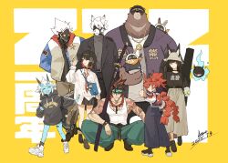  4boys 4girls ^_^ alternate_costume animal_ears anton_ivanov arm_tattoo backpack bag bag_charm bangboo_(zenless_zone_zero) ben_bigger billy_kid black_choker black_coat black_hair black_nails black_shoes black_skirt blue_skin charm_(object) choker closed_eyes clothes_writing coat collared_shirt colored_skin cup dated ears_through_headwear ellen_joe eous_(zenless_zone_zero) fox_ears fox_girl furry furry_male hand_in_pocket hand_on_another&#039;s_shoulder headband highres holding holding_cup holding_weapon hood hood_down hoodie horns hoshimi_miyabi jacket jewelry jong_tu koleda_belobog long_hair long_sleeves miniskirt multicolored_hair multiple_boys multiple_girls necklace oversized_clothes oversized_shirt red_eyes red_hair robot_boy sheath sheathed shirt shirt_partially_tucked_in shoes short_hair signature simple_background skirt sneakers socks soukaku_(zenless_zone_zero) spiky_hair squatting standing sukajan sunglasses tail tailless_(zenless_zone_zero) tattoo thumbs_up von_lycaon weapon white_shirt white_shoes wolf_boy zenless_zone_zero 