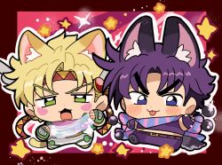  2boys animal_ears battle_tendency blonde_hair blush caesar_anthonio_zeppeli cat_boy cat_ears cat_tail chibi chibi_only clacker commentary facial_mark fingerless_gloves gloves green_eyes green_gloves headband highres hydrokinesis jojo_no_kimyou_na_bouken joseph_joestar joseph_joestar_(young) kemonomimi_mode male_focus midriff motu705 multiple_boys open_mouth pants purple_gloves purple_hair purple_pants purple_shirt scarf shirt short_hair soap_bubbles symbol-only_commentary tail tongue tongue_out violet_eyes water wolf_boy wolf_ears wolf_tail 