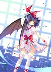  bat_wings blue_hair hat looking_back panties pointy_ears red_eyes remilia_scarlet short_hair solo sousouman thigh-highs thighhighs touhou underwear wings 