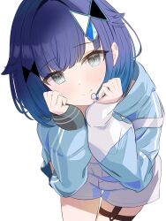  1girl absurdres arm_cutout blue_hair blue_hoodie clothing_cutout cowboy_shot gradient_hair grey_eyes hair_flaps hair_intakes highres hood hoodie leaning_forward looking_at_viewer mea_mememea medium_hair multicolored_hair overalls simple_background sleeves_past_wrists solo strap_slip thigh_strap tsumugi_kokage virtual_youtuber vspo! water_drop_hair_ornament white_background white_overalls 