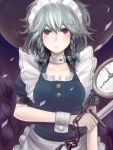  braid izayoi_sakuya knife maid maid_headdress minato_(shouno) red_eyes short_hair silver_hair solo the_embodiment_of_scarlet_devil throwing_knife touhou twin_braids weapon 