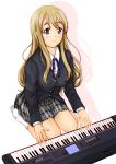  blazer blonde_hair blue_eyes blush instrument k-on! kasumi_seiki keyboard_(instrument) kotobuki_tsumugi long_hair school_uniform seiza sitting smile solo 