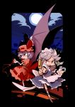  bat_wings blood braid hat hounori izayoi_sakuya knife lavender_hair maid maid_headdress multiple_girls red_eyes remilia_scarlet short_hair silver_hair throwing_knife touhou twin_braids weapon wings 