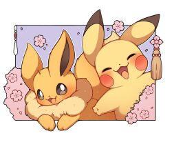  absurdres animal_focus blush brown_eyes cherry_blossoms closed_eyes eevee english_commentary happy highres open_mouth pikachu pokemon pokemon_(creature) pokemon_focus sevi_(seviyummy) smile tassel 