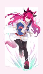  1girl absurdres animal_ears aqua_eyes black_pantyhose blue_eyes blue_jacket commentary cosplay dress english_commentary floating_hair full_body grass_wonder_(stone-piercing_blue)_(umamusume) grass_wonder_(umamusume) grass_wonder_(umamusume)_(cosplay) grin heterochromia highres hololive hololive_english horns horse_ears horse_girl horse_tail irys_(hololive) jacket long_hair looking_at_viewer multicolored_jacket nail_polish namiorii pantyhose pink_eyes pink_nails pointy_ears purple_hair purple_shoes running sailor_collar shoes short_dress smile solo tail two-tone_jacket very_long_hair virtual_youtuber white_dress white_jacket white_sailor_collar 