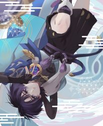  1boy absurdres aomattya armor asa_no_ha_(pattern) belt black_belt black_bodysuit black_bridal_gauntlets black_shorts blue_cape blue_kimono blunt_ends bodysuit bridal_gauntlets cape cover egasumi eyeliner eyeshadow feathers furisode genshin_impact gold gold_ring hakama hakama_shorts hand_on_own_chest highres japanese_armor japanese_clothes juban kimono kote kurokote leg_warmers looking_at_viewer makeup male_focus mandarin_collar middle_ring open_clothes open_kimono parted_lips pleated_shorts pom_pom_(clothes) purple_hair purple_rope purple_sash red_eyeliner red_eyeshadow rope sash scaramouche_(genshin_impact) shorts solo upside-down violet_eyes wanderer_(genshin_impact) white_kimono white_leg_warmers white_mouth white_trim wispy_bangs yellow_feathers 