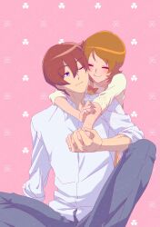  1boy 1girl black_pants blue_eyes blush bob_cut brown_hair closed_mouth clover clover_background couple flirting hair_between_eyes hand_on_another's_shoulder happinesscharge_precure! highres holding_hands hug hug_from_behind long_sleeves mature_male one_eye_closed oomori_yuuko pants parted_bangs patterned_background phantom_(happinesscharge_precure!) pink_background precure red_hair shirt short_hair sitting smile suspenders turning_around twitter_username wasa7subi watermark white_shirt yellow_shirt yellow_suspenders 
