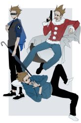  2boys :d armchair black_necktie black_pants black_shoes blue_hoodie blue_pants blue_shirt blue_umbrella border brown_hair chair chinese_commentary closed_mouth closed_umbrella collared_shirt commentary_request denim drawstring dual_persona eddsworld elbow_rest fingernails full_body fur-trimmed_sleeves fur-trimmed_sweater fur_trim future_tom_(eddsworld) grey_vest gun hair_slicked_back handgun head-mounted_display holding holding_gun holding_umbrella holding_unworn_clothes holding_weapon hollow_eyes hood hood_down hoodie jeans knee_up long_sleeves looking_at_hand lower_teeth_only male_focus middle_finger multiple_boys necktie no_shoes official_alternate_costume on_chair open_mouth outside_border pants puffy_long_sleeves puffy_sleeves red_sweater shirt shoes short_hair short_sleeves sitting smile socks standing sweater teeth tom_(eddsworld) tongue tongue_out umbrella very_short_hair vest weapon white_border white_socks xic94 