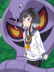  1girl anchor_symbol arbok black_eyes black_hair black_pantyhose blue_sailor_collar blush broiler bush clenched_hands commentary_request commission crossover dress forked_tongue gradient_hair grey_hair kantai_collection long_sleeves multicolored_hair neckerchief orange_neckerchief pantyhose parted_lips pokemon pokemon_(creature) sailor_collar sailor_dress short_hair_with_long_locks skeb_commission tokitsukaze_(kancolle) tongue violet_eyes white_dress 