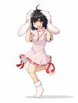  ahoge animal_ears black_hair blush bunny_ears carrot dress ear_pull hiro_(pqtks113) inaba_tewi jewelry leg_up necklace one_leg_up red_eyes shoes short_hair smile solo touhou 
