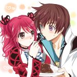  1girl asbel_lhant blue_eyes blush brown_eyes brown_hair character_request cheria_barnes couple feeding food hair_ribbon heterochromia kurimomo open_clothes plate purple_eyes red_hair redhead ribbon rice short_hair tales_of_(series) tales_of_graces twintails violet_eyes 