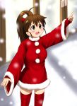  breasts brown_eyes brown_hair diesel-turbo dress large_breasts long_hair open_mouth pointing ponytail santa_costume smile snow solo taneshima_popura thigh-highs thighhighs working!! zettai_ryouiki 