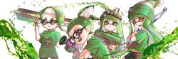  2boys 2girls :d bamcream beanie closed_mouth commentary english_commentary green_eyes green_hair green_hat green_shirt gun hat holding holding_gun holding_weapon inkling inkling_boy inkling_girl inkling_player_character long_hair looking_at_viewer multiple_boys multiple_girls octoling octoling_boy octoling_girl octoling_player_character open_mouth pointy_ears round_eyewear shirt short_sleeves simple_background smile splatoon_(series) sunglasses thick_eyebrows upper_body weapon white_background yellow_eyes 