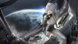 1girl grey_hair hand_up highres in_orbit karenina:_scire_(pgr) karenina_(pgr) long_hair looking_at_viewer mechabare moon official_art planet ponytail porthole punishing:_gray_raven sitting smile solo space spacecraft spacecraft_interior star_(sky) window yellow_eyes yeyuanqianqianqian 