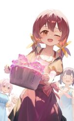  &gt;_&lt; 0_0 4girls absurdres ahoge ap04astral apron brown_eyes brown_hair cooking_pot hair_ornament highres holding holding_cooking_pot hozuki_kaede hozuki_momiji long_hair looking_at_another looking_at_viewer multiple_girls murosaki_miyo one_eye_closed onii-chan_wa_oshimai! open_mouth oyama_mahiro pink_hair red_hair shaded_face short_sleeves siblings simple_background sisters slime_(substance) smile white_background 