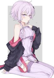  1girl ahoge arm_at_side bare_shoulders black_jacket blush border breasts collarbone dress frilled_dress frills from_side full_body grey_background hair_between_eyes hair_ornament hand_on_floor hand_on_own_chest highres jacket long_hair long_sleeves looking_at_viewer off_shoulder open_clothes open_jacket open_mouth pink_jacket purple_dress purple_hair purple_ribbon purple_thighhighs ribbed_dress ribbed_thighhighs ribbon short_dress short_hair_with_long_locks sidelocks sideways_glance simple_background sitting sleeves_past_wrists small_breasts solo strapless strapless_dress subaritsuku thigh-highs two-sided_fabric two-sided_jacket violet_eyes vocaloid voiceroid white_border yuzuki_yukari zettai_ryouiki 