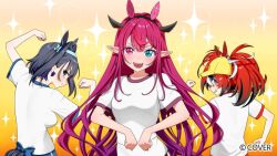  3girls :d baseball_cap black_hair blue_eyes blue_hair blue_shorts bright_pupils closed_mouth colored_tips commentary_request copyright_notice crossed_bangs double-parted_bangs extra_ears flexing grin hair_between_eyes hair_intakes hakos_baelz hat headband hololive hololive_english holopromise horns horse_girl horse_tail humi_kaga irys_(hololive) looking_at_viewer multicolored_hair multiple_girls official_art open_mouth ouro_kronii pointy_ears purple_hair red_hair shirt short_hair short_sleeves shorts smile streaked_hair t-shirt tail teeth twintails uneven_twintails upper_teeth_only virtual_youtuber white_hair white_pupils white_shirt yellow_hat 