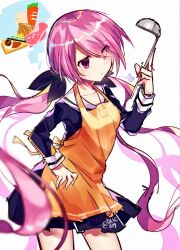  1girl apron blurry blurry_foreground chaos;child food hair_ribbon hand_on_own_hip hekiho_academy_school_uniform holding holding_ladle ladle long_hair long_sleeves looking_at_viewer minamisawa_senri miniskirt orange_apron pink_hair red_eyes ribbon rotte_(1109) school_uniform science_adventure skirt solo thighs twintails very_long_hair 