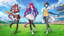  3girls agnes_tachyon_(tach-nology)_(umamusume) agnes_tachyon_(umamusume) agnes_tachyon_(umamusume)_(cosplay) ahoge animal_ears aqua_eyes belt black_hairband black_horns black_pantyhose black_streaks black_thighhighs blue_bow blue_bowtie blue_eyes blue_gemstone blue_hair blue_jacket blue_shirt blue_skirt blue_sky blue_tail blurry blurry_background boots bow bow_earrings bow_hairband bowtie brooch brown_boots brown_dress brown_gloves choppy_bangs clouds coat collar colored_tips commentary_request confetti cosplay cropped_jacket crossed_bangs crowd doll_hair_ornament double-parted_bangs dress ear_ornament earrings ears_through_headwear extra_ears fangs fingerless_gloves flat_cap floating_hair fold-over_boots full_body gem gloves grass grass_wonder_(stone-piercing_blue)_(umamusume) grass_wonder_(umamusume) grass_wonder_(umamusume)_(cosplay) hair_between_eyes hair_intakes hairband hakos_baelz hand_on_own_hip hat head_chain heterochromia highres hololive hololive_english holopromise horns horse_ears horse_girl horse_tail hourglass irys_(hololive) jacket jewelry key key_necklace knee_boots l_hand lab_coat lapels long_hair long_sleeves looking_at_viewer miyanami_3 multicolored_eyes multicolored_hair multiple_girls necklace notched_lapels official_art open_hand open_mouth ouro_kronii outstretched_arms pantyhose parted_lips pink_belt pink_gemstone pink_hair pleated_skirt pointy_ears ponytail red_jacket red_streaks sailor_collar scrunchie sharp_teeth shirt short-sleeved_jacket short_hair short_sleeves skirt sky sleeves_past_fingers sleeves_past_wrists spiked_collar spikes spread_fingers stadium star-shaped_pupils star_(symbol) sweater symbol-shaped_pupils tail tail_bow tail_ornament teeth thigh-highs tokai_teio_(beyond_the_horizon)_(umamusume) tokai_teio_(umamusume) tokai_teio_(umamusume)_(cosplay) umamusume v very_long_hair violet_eyes virtual_youtuber white_boots white_bow white_bowtie white_coat white_dress white_sailor_collar white_streaks wing_collar wolf_cut yellow_scrunchie yellow_sweater yellow_trim 