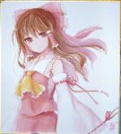  ascot bow brown_eyes brown_hair detached_sleeves hair_bow hair_ornament hakurei_reimu japanese_clothes long_hair miko mizuki_riko photo shikishi signature solo touhou wind 