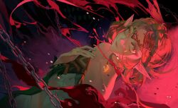  1girl bare_shoulders blonde_hair braid chain circlet collarbone commentary_request crown_braid dress dutch_angle earrings eyelashes green_eyes hand_on_own_chest hand_up highres jewelry light_smile looking_at_viewer magatama magatama_necklace necklace parted_hair parted_lips pointy_ears princess_zelda short_hair solo strapless strapless_dress teardrop_facial_mark the_legend_of_zelda the_legend_of_zelda:_tears_of_the_kingdom upper_body white_dress zxykiyou 