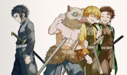  4boys abs agatsuma_zenitsu belt black_jacket black_pants blonde_hair blue_eyes boar_mask brown_hair buttons checkered_haori clenched_hands closed_mouth demon_slayer_uniform hand_up haori hashibira_inosuke high_collar highres jacket japanese_clothes kaigaku kamado_tanjirou katana kimetsu_no_yaiba male_focus mosskmt multiple_boys muscular muscular_male open_mouth pants print_haori profile short_hair smile spiky_hair sword teeth triangle_print upper_teeth_only walking weapon white_belt 
