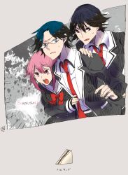  1girl 2boys ahoge black_hair black_jacket black_pants black_thighhighs blue_eyes blue_hair blush bow brown_eyes buttons chaos;child chest_bow collared_shirt copyright_name cropped_jacket double-breasted dress_shirt dress_vest food glasses hand_on_another&#039;s_shoulder hand_on_another&#039;s_stomach hekiho_academy_school_uniform highres itou_shinji_(chaos;child) jacket lapels long_sleeves loose_necktie miyashiro_takuru multiple_boys necktie notched_lapels onoe_serika open_clothes open_collar open_jacket open_mouth pants pink_hair red_bow red_necktie sailor_collar sandwich school_uniform science_adventure shirt short_hair short_hair_with_long_locks shouting skirt thigh-highs tongue wa6 white_sailor_collar white_shirt 