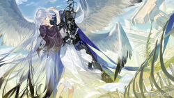  1boy 1girl absurdly_long_hair angel_wings animal_skeleton armor arms_around_neck belt black_gloves black_hair black_jacket black_pants blue_belt blush broken_pillar brooch cael_anselm cael_anselm_(until_the_end_of_time) chinese_commentary closed_eyes clouds colored_tips couter crystal_earrings day dress earrings feathered_wings feet_out_of_frame from_side gauntlets gloves greaves hair_between_eyes height_difference heroine_(lovebrush_chronicles) highres hug jacket jewelry kiss lace lace_sleeves long_bangs long_dress long_hair long_hair_between_eyes long_sleeves lovebrush_chronicles multicolored_hair multiple_wings official_art outdoors pants pillar poleyn profile psd_(psdgai) rerebrace shoulder_armor standing stone_pillar very_long_hair watermark weibo_watermark white_dress white_hair white_wings wings 