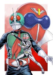  3boys aka_ranger armor close-up compound_eyes cowboy_shot full_body gavan green_armor green_helmet helmet highres himitsu_sentai_gorenger kamen_rider kamen_rider_(1st_series) kamen_rider_1 kuppipi_ramutarou male_focus metal_hero multiple_boys red_eyes red_helmet simple_background super_sentai tokusatsu typhoon_(kamen_rider) uchuu_keiji_gavan 