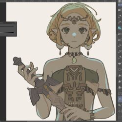  1girl 2yang armlet art_program_in_frame bare_shoulders blonde_hair bracelet braid breasts circlet closed_mouth crown_braid dress earrings green_eyes highres holding holding_sword holding_weapon jewelry master_sword medium_breasts official_alternate_costume parted_bangs pendant_choker pointy_ears princess_zelda short_hair sidelocks solo strapless strapless_dress sword teardrop_facial_mark the_legend_of_zelda the_legend_of_zelda:_tears_of_the_kingdom upper_body weapon 