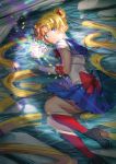  1girl absurdly_long_hair bishoujo_senshi_sailor_moon blonde_hair blue_skirt blush boots carrot_i circlet crescent crystal elbow_gloves gloves high_heels highres knee_boots long_hair looking_at_viewer lying red_boots red_bow sailor_moon shiny skirt smile solo tsukino_usagi twintails very_long_hair water white_gloves 