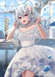  1girl :d arcade_(architecture) arch bare_shoulders beads breasts bridal_veil bride choker clouds collarbone copyright_notice cowboy_shot day dolustoy dome dress falling_petals flower frilled_dress frilled_sleeves frills glass_ceiling grey_hair hair_between_eyes hair_flower hair_ornament hakase_fuyuki hands_up high-low_dress holding_veil indoors jewelry lace-trimmed_veil lace_trim leaf_hair_ornament long_hair looking_at_viewer low_twintails medium_breasts nijisanji off-shoulder_dress off_shoulder official_art pendant_choker petals pillar pink_flower pink_rose red_eyes ring rose sample_watermark see-through_clothes see-through_veil short_sleeves smile solo stairs standing tree twintails veil virtual_youtuber watermark wedding_dress wedding_ring white_choker white_dress white_flower white_rose white_veil 