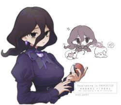  1girl arrow_through_heart black_corset black_dress black_hair breasts candle closed_eyes closed_mouth corset dress earrings fire hair_between_eyes heart hex_maniac_(pokemon) hex_maniac_(pokemon_legends:_z-a) highres holding holding_poke_ball jewelry juliet_sleeves litwick long_hair long_sleeves looking_at_viewer neck_ribbon noi_(noi_pk27) open_mouth poke_ball poke_ball_(basic) pokemon pokemon_(creature) pokemon_legends:_z-a puffy_sleeves purple_dress purple_ribbon ribbon smile 