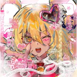  1girl :d blonde_hair bow bowtie chibi chibi_inset don_quixote_(project_moon) e.g.o_(project_moon) ehooooooost hair_ornament heart heart_hair_ornament highres in_the_name_of_love_and_hate_(e.g.o) limbus_company long_hair looking_at_viewer one_eye_closed open_mouth pink_bow pink_bowtie project_moon sample_watermark simple_background smile solo two_side_up upper_body watermark white_background yellow_eyes 