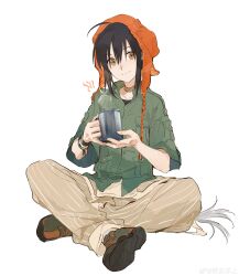  1other absurdres ahoge androgynous beanie black_hair bracelet brown_eyes choker cup earflap_beanie fate/grand_order fate_(series) full_body green_shirt hat highres holding holding_cup jewelry long_hair looking_at_viewer mimulishizi orange_hat other_focus pants shirt shoes simple_background sitting smile sneakers solo striped_clothes striped_pants vertical-striped_clothes vertical-striped_pants watermark weibo_watermark white_background yamato_takeru_(fate) 