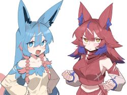  2girls absurdres angry animal_ears bare_shoulders blue_eyes blue_hair blush_stickers braid breasts clenched_hand cocomayo29_(tomato) collar detached_sleeves ear_tufts facepaint fang fang_out frown hands_on_own_hips highres long_hair looking_at_viewer medium_breasts midriff multicolored_hair multiple_girls navel no_bra personification pokemon red_hair side_braids smile streaked_hair tail tunic white_background wolf_ears wolf_tail yellow_eyes zacian zamazenta 
