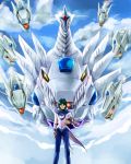  ashi_ura blue_eyes cloud clouds cyber_eltanin duel_disk duel_monster green_hair highres male marufuji_ryo marufuji_ryou obelisk_blue_uniform pile_of_cards school_uniform short_hair sky yu-gi-oh! yuu-gi-ou yuu-gi-ou_(card) yuu-gi-ou_gx 