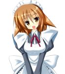  1girl animal_ears blush breasts brown_eyes brown_hair luxuria maid maid_headdress open_mouth original simple_background smile solo v_arms white_background 